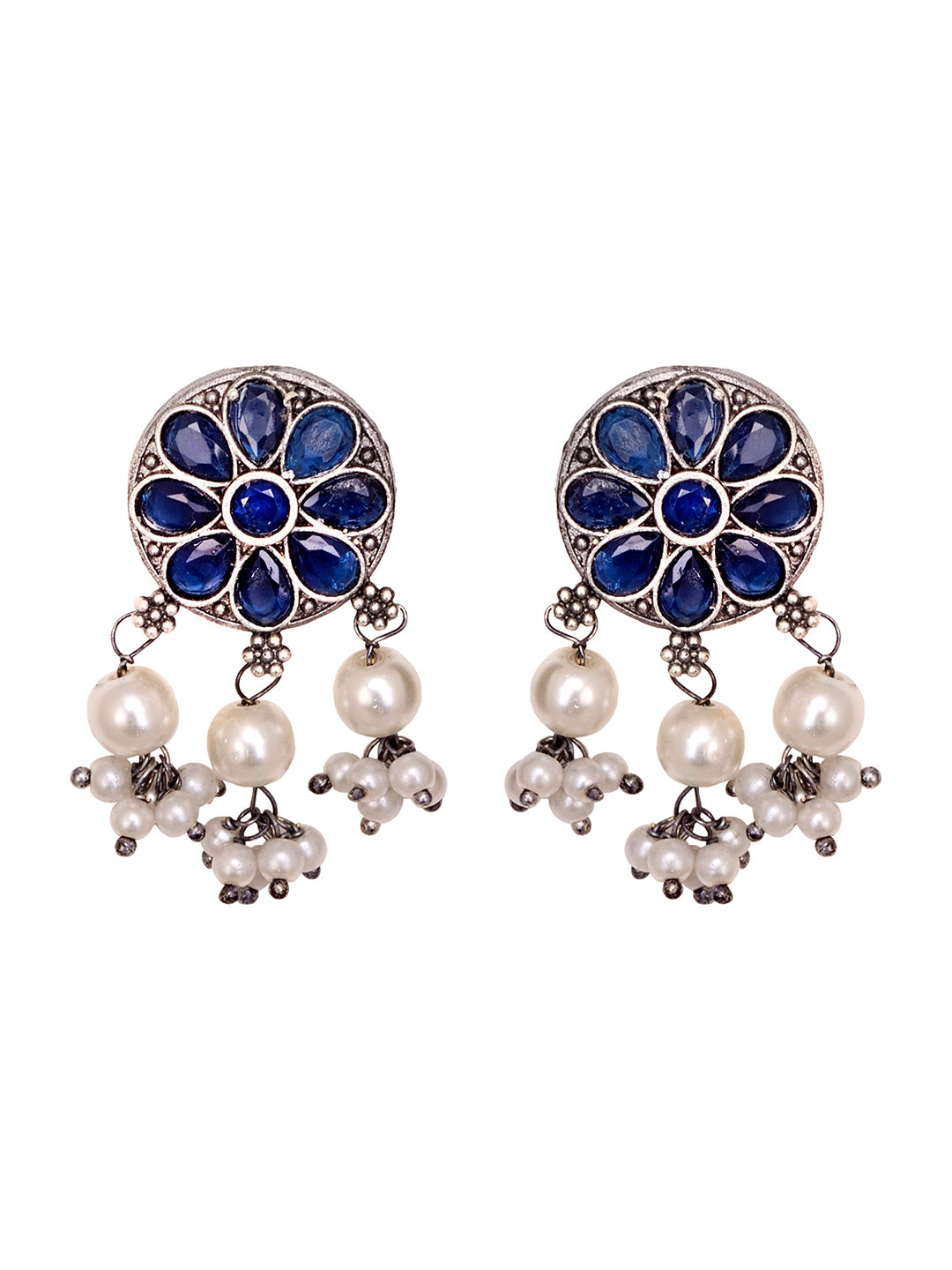 Silver Oxidised Blue Stone Studded Tribal Choker Jewellery set