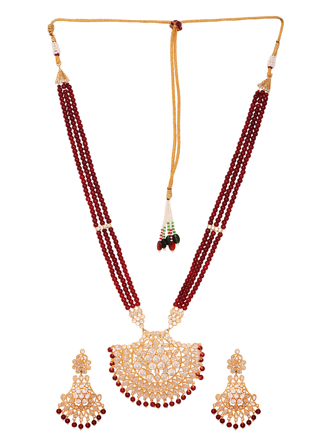 Gold Plated Polki Red mala Beaded Rani Haar Jewellery Set