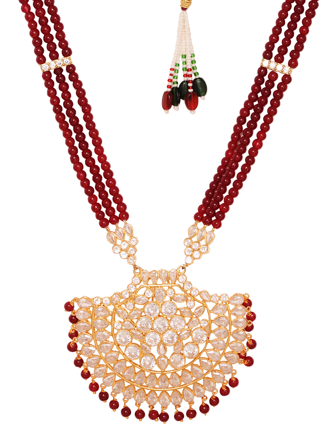 Gold Plated Polki Red mala Beaded Rani Haar Jewellery Set