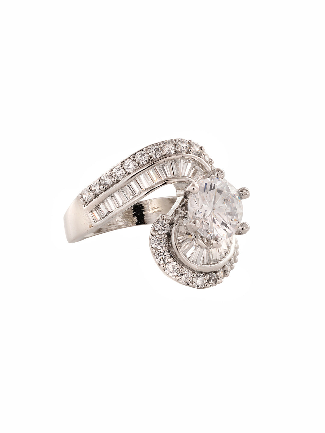 White Rhodium plated AD Studded Solitaire Victorian Finger Ring