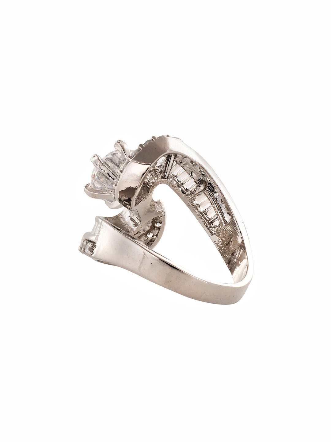 White Rhodium plated AD Studded Solitaire Victorian Finger Ring