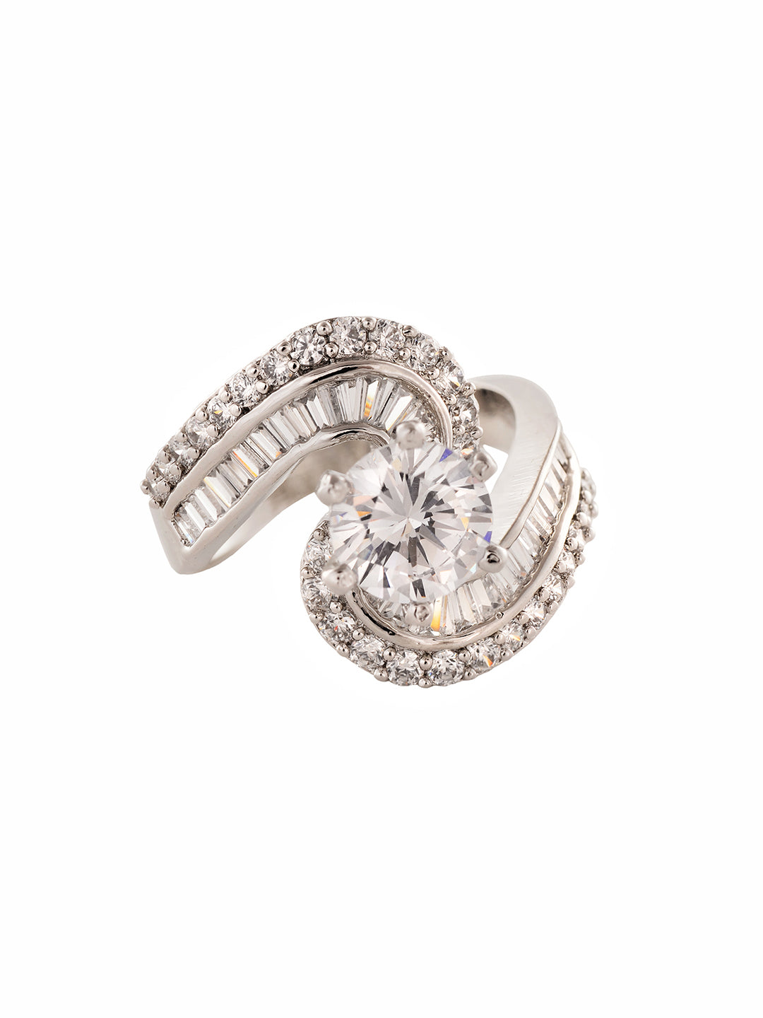 White Rhodium plated AD Studded Solitaire Victorian Finger Ring