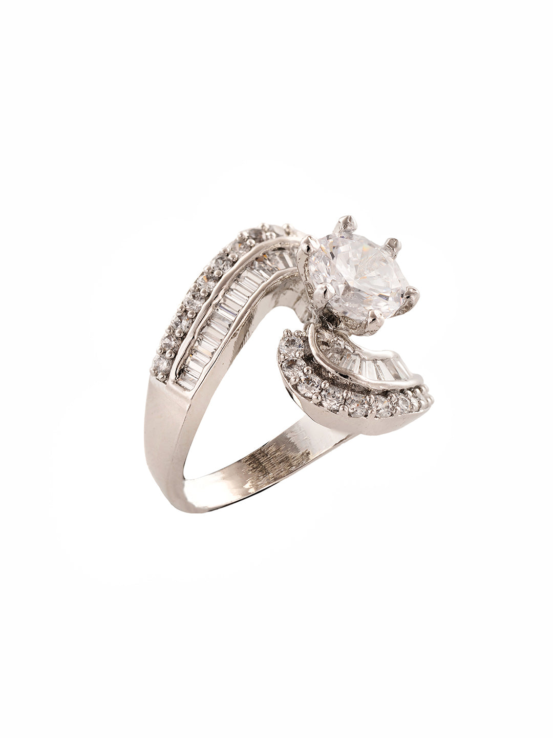 White Rhodium plated AD Studded Solitaire Victorian Finger Ring