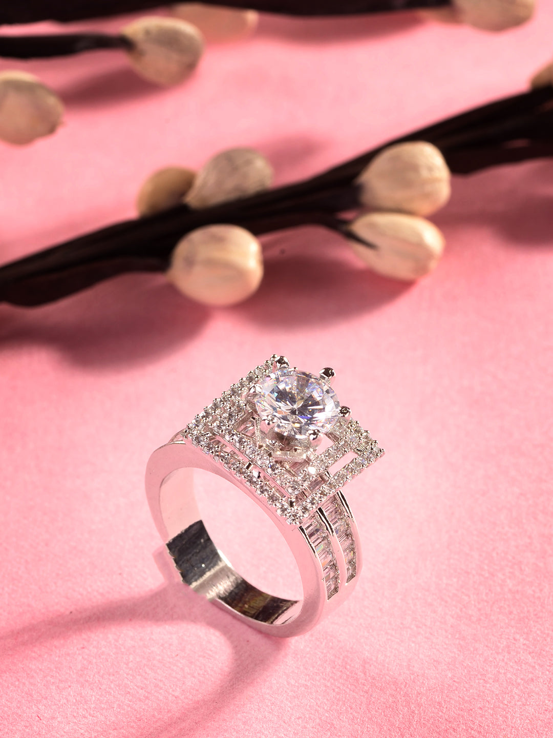 Silver Toned White AD Studded Solitaire Square Finger Ring