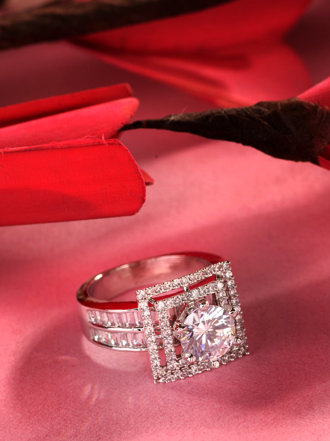 Silver Toned White AD Studded Solitaire Square Finger Ring