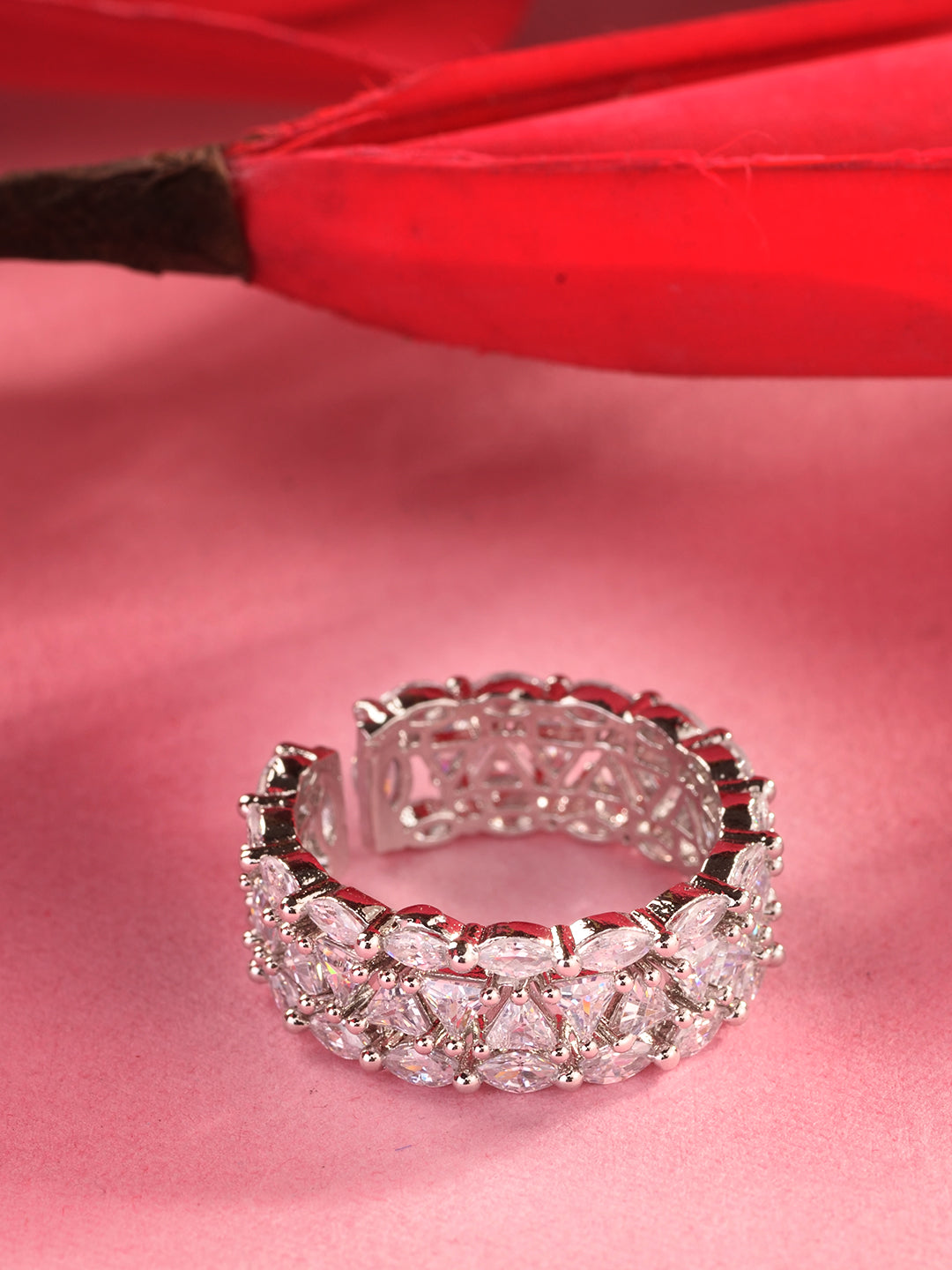 Silver Plated White CZ Studded Band Finger Ring