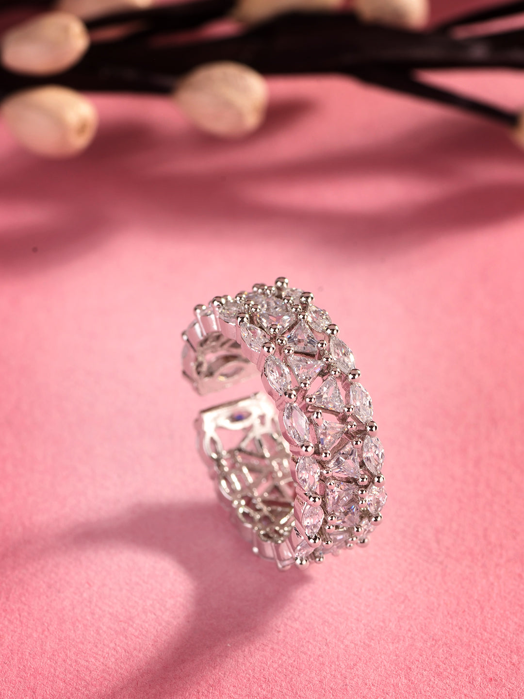 Silver Plated White CZ Studded Band Finger Ring