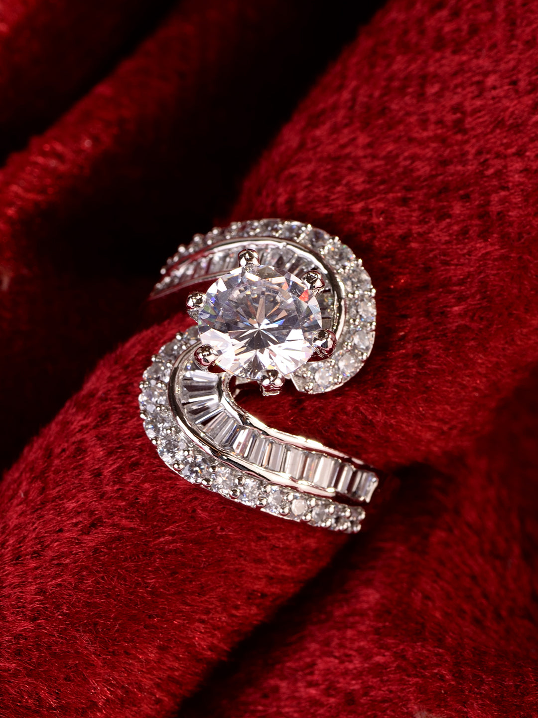 White Rhodium plated AD Studded Solitaire Victorian Finger Ring