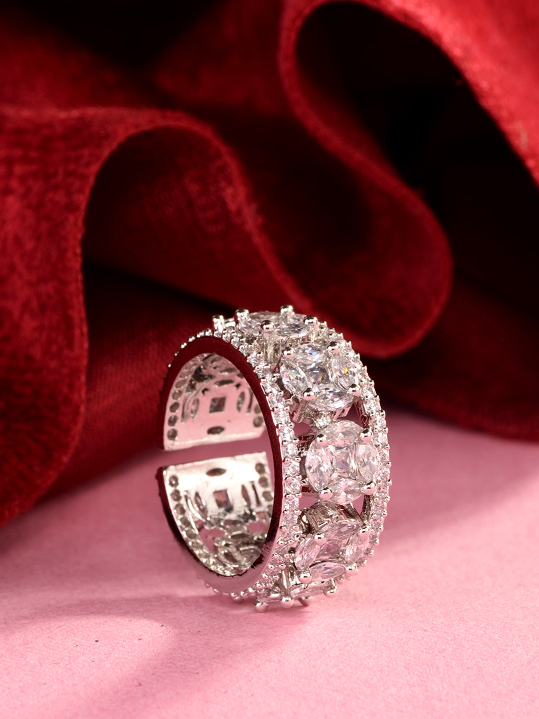 Silver Rhodium Plated White AD Studded Band Challa Finger Ring