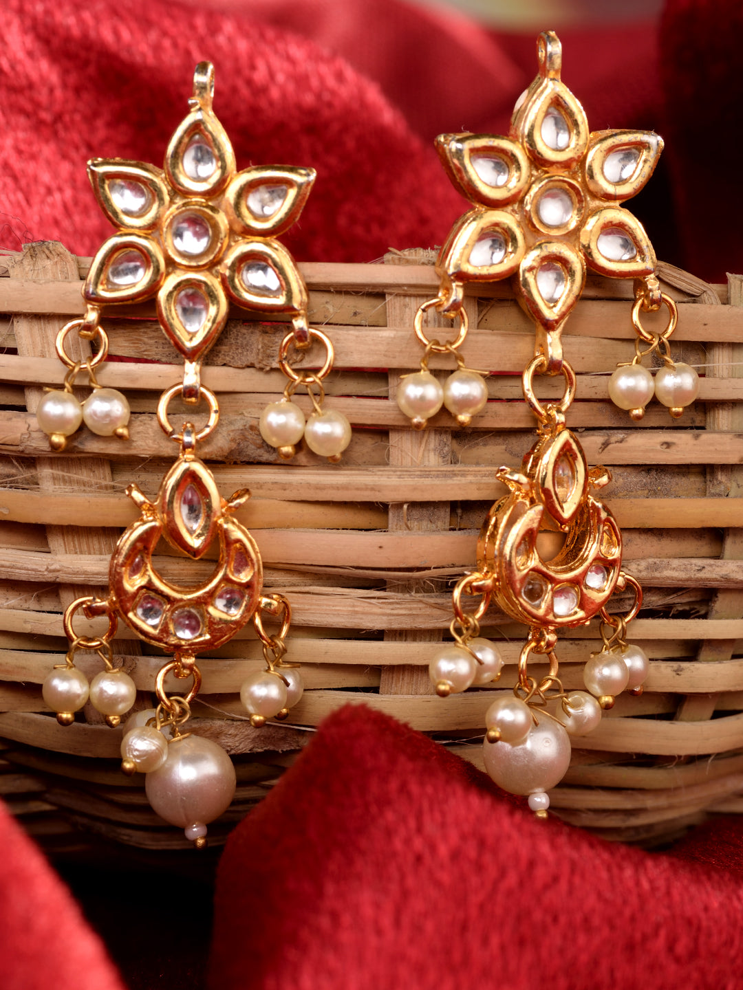 Gold Plated Kundan Studded Floral Chand Earrings