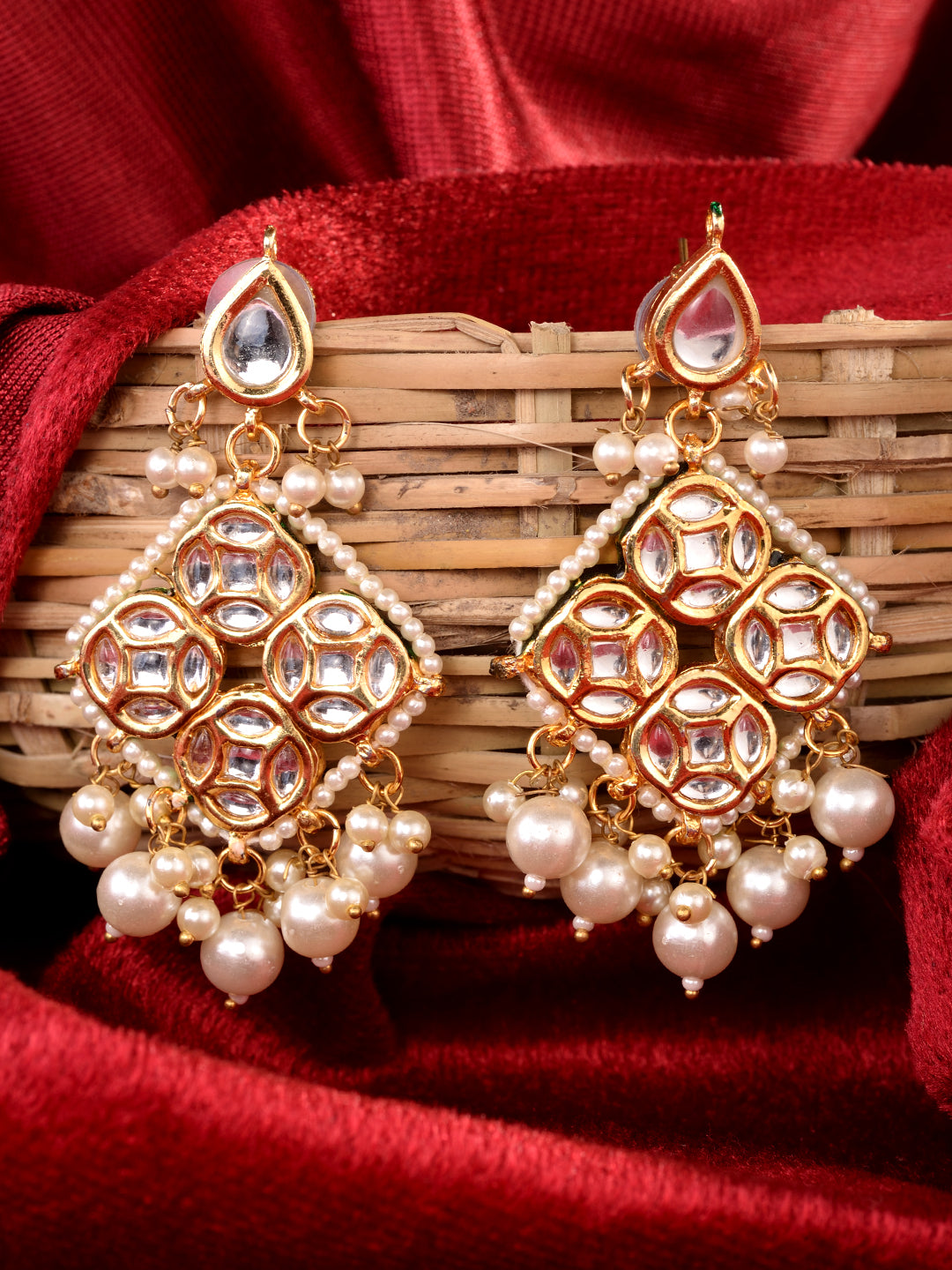 Gold Plated Kundan Studded & Pearl Beaded Square Drop Earrings