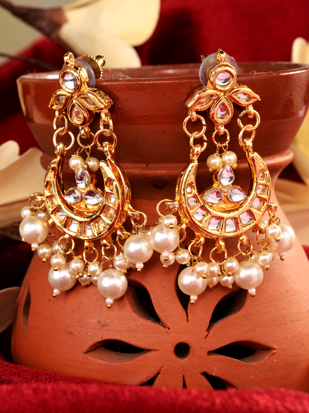 Gold Plated Kundan Modern Chandbalis Earrings