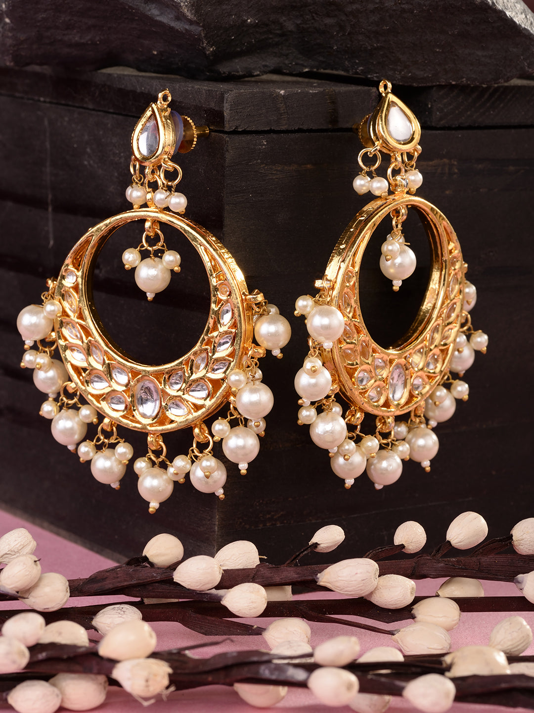 Gold Toned Kundan Studded & Pearl Beaded Designer Circular Earrings