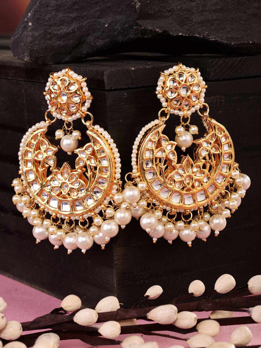 Gold Plated Kundan Studded & Pearl Beaded Traditional Chandbalis