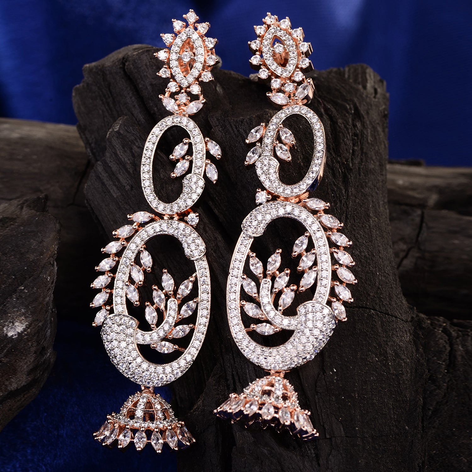 Rose Gold Plated White AD Studded Designer Dropdown Jhumki Earrings