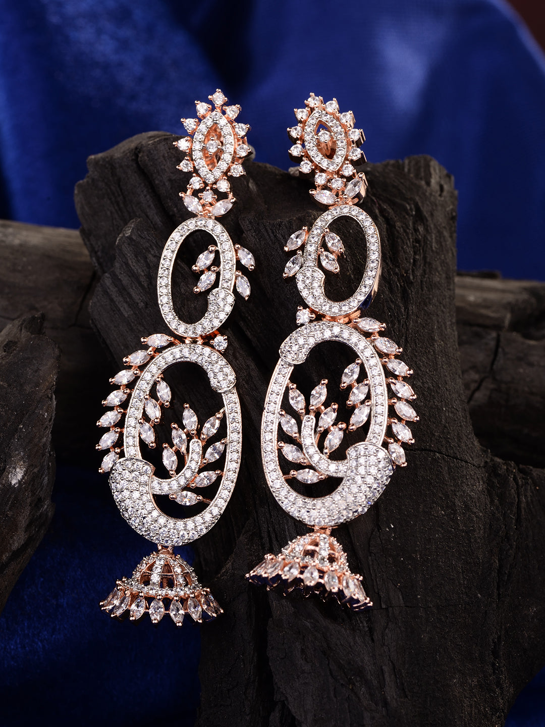 Rose Gold Plated White AD Studded Designer Dropdown Jhumki Earrings