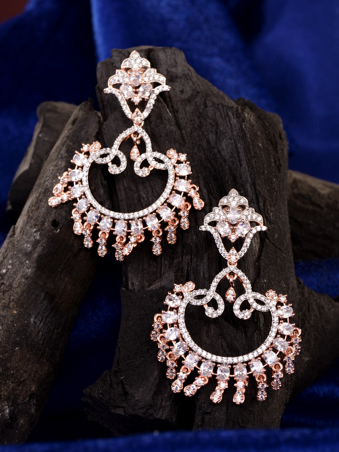 Rose Gold Plated White AD Studded Modern Chandbalis Earrings