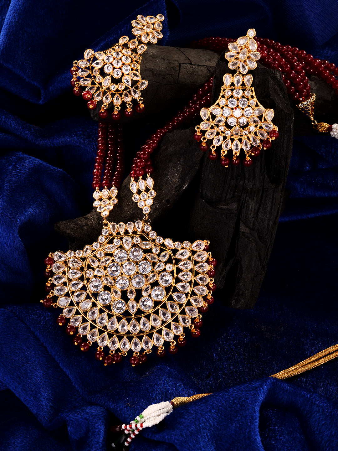 Gold Plated Polki Red mala Beaded Rani Haar Jewellery Set