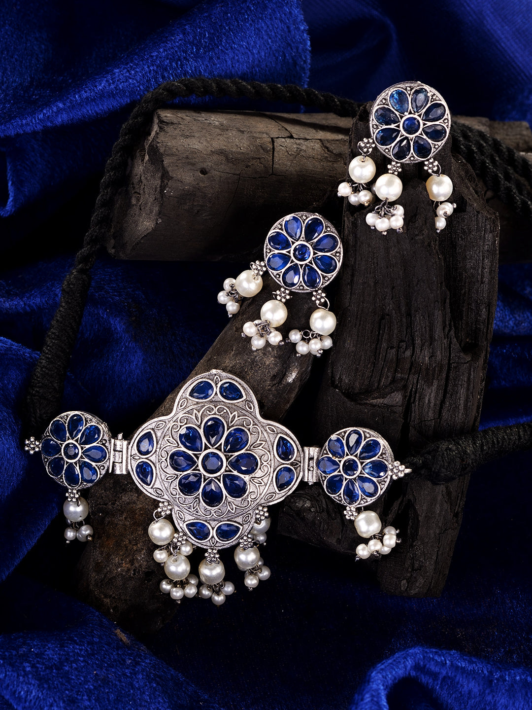 Silver Oxidised Blue Stone Studded Tribal Choker Jewellery set
