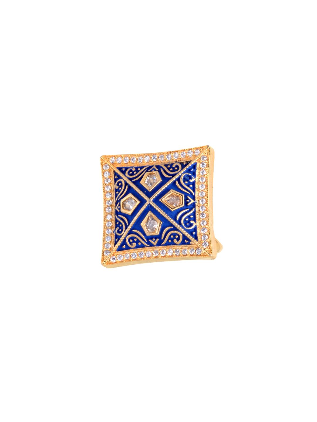 Gold plated Blue AD studded handcrafted adjustable square Ring for Women & Girls