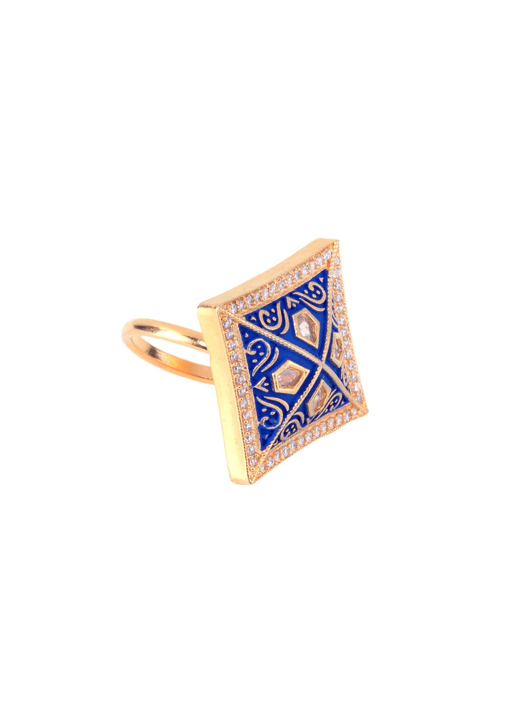 Gold plated Blue AD studded handcrafted adjustable square Ring for Women & Girls