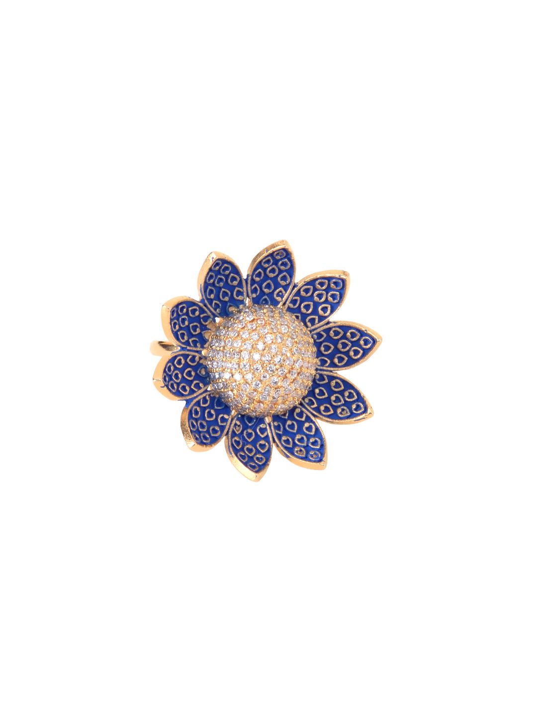 Gold plated Blue colourAmerican Diamond studded handcrafted adjustable Flower Ring for Women & Girls