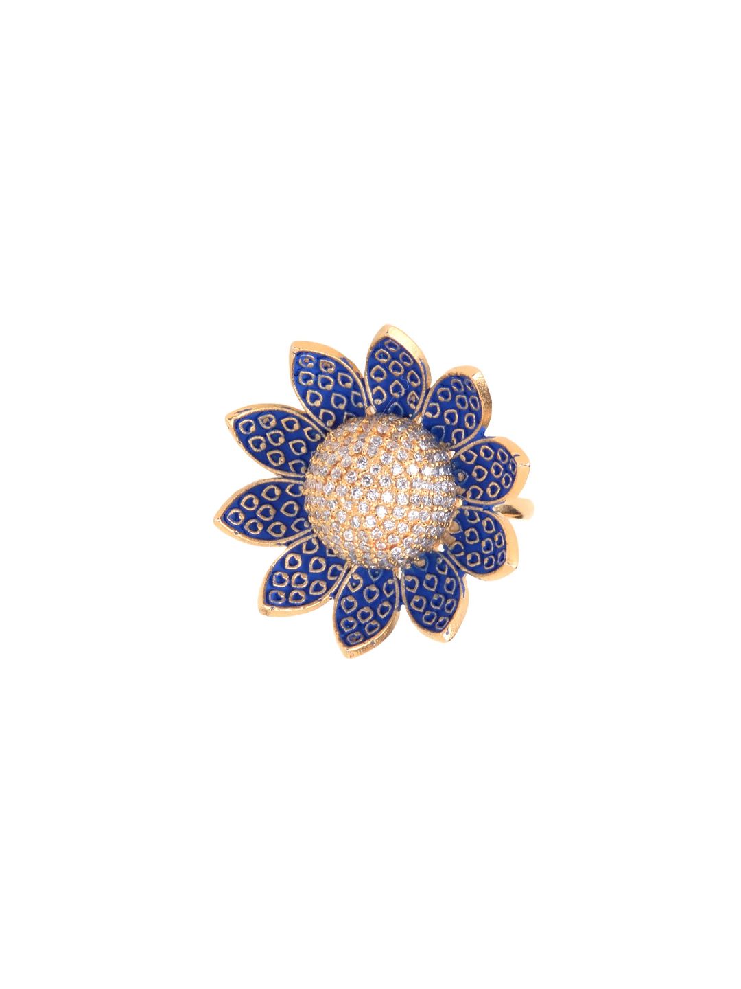 Gold plated Blue colourAmerican Diamond studded handcrafted adjustable Flower Ring for Women & Girls