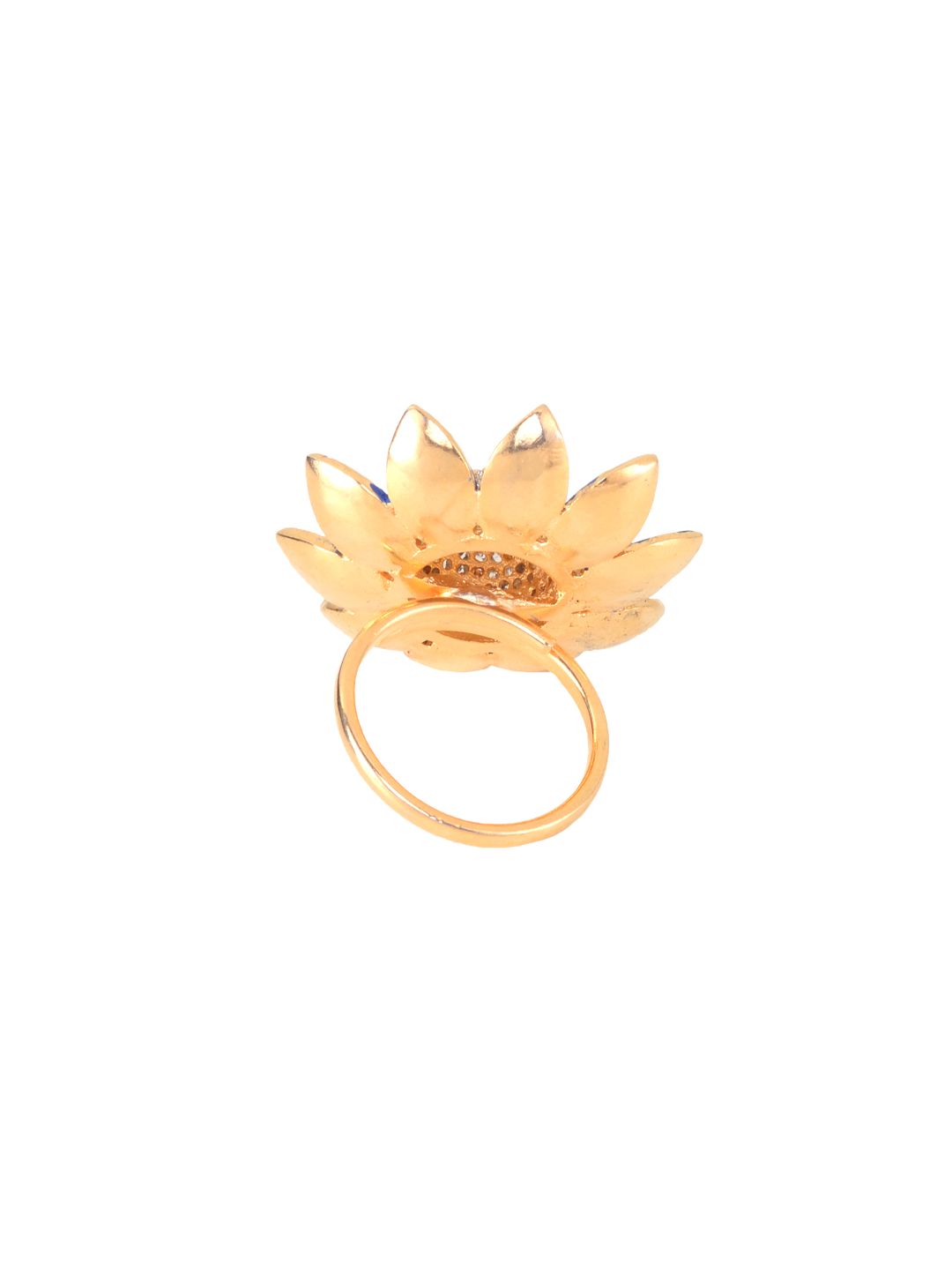 Gold plated Blue colourAmerican Diamond studded handcrafted adjustable Flower Ring for Women & Girls