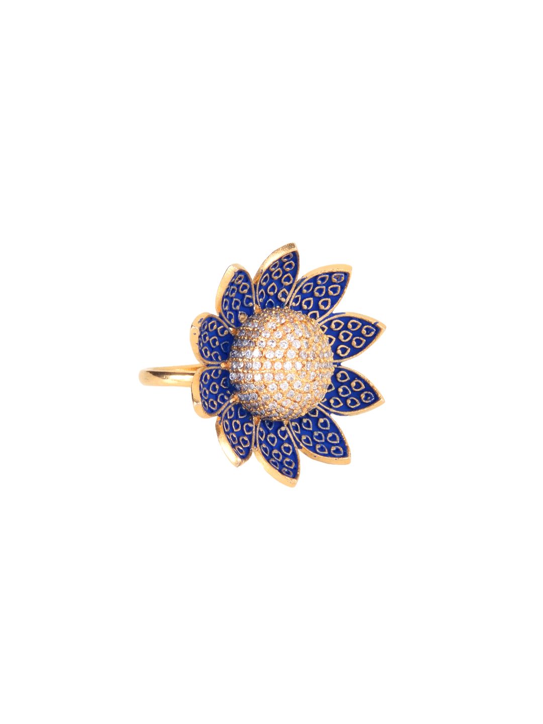 Gold plated Blue colourAmerican Diamond studded handcrafted adjustable Flower Ring for Women & Girls