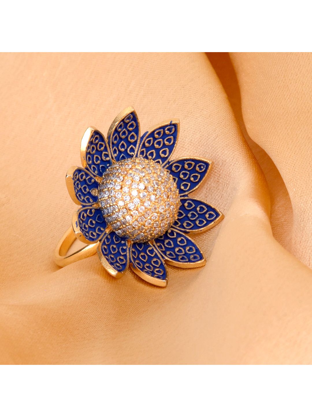 Gold plated Blue colourAmerican Diamond studded handcrafted adjustable Flower Ring for Women & Girls