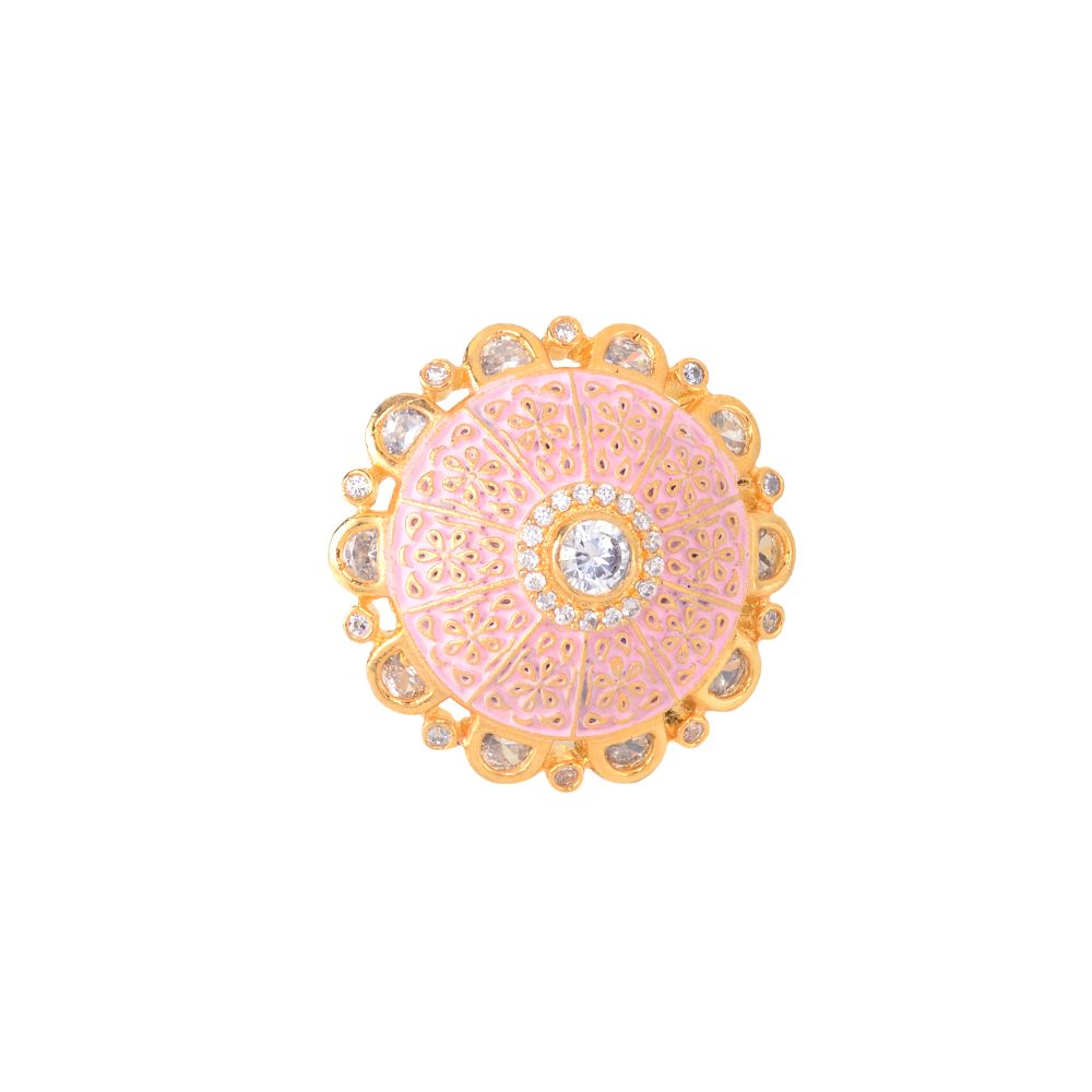 Gold plated Pink colourAmerican Diamond studded handcrafted adjustable Ring for Women & Girls