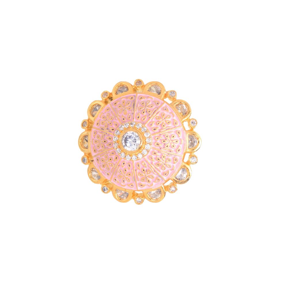 Gold plated Pink colourAmerican Diamond studded handcrafted adjustable Ring for Women & Girls
