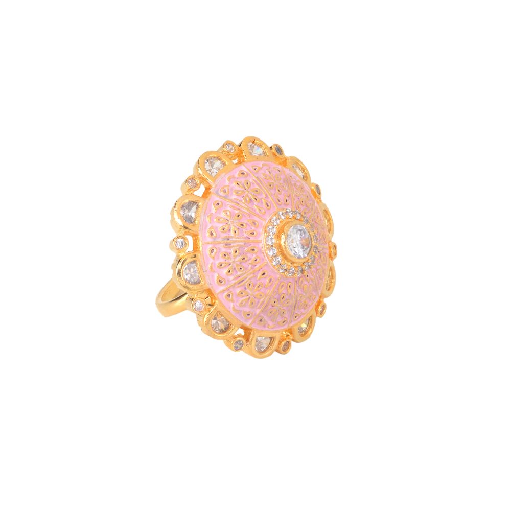 Gold plated Pink colourAmerican Diamond studded handcrafted adjustable Ring for Women & Girls