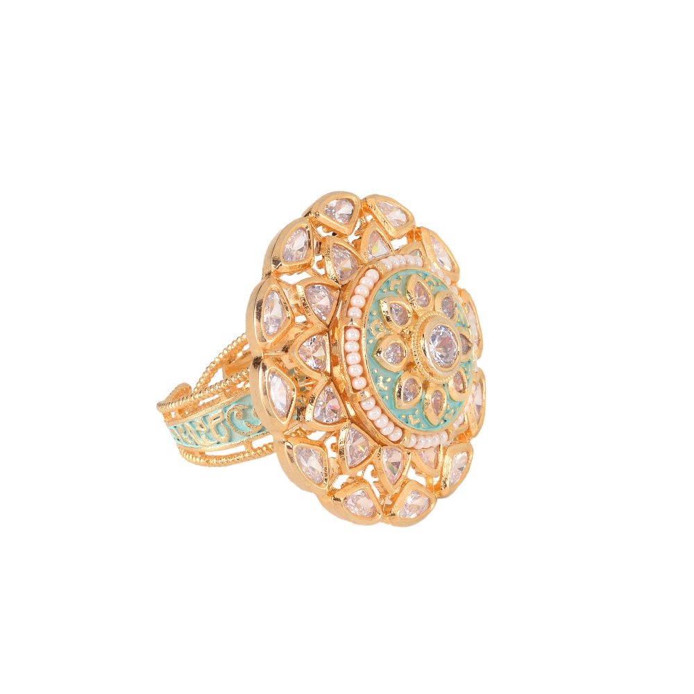 Gold plated Mint AD studded handcrafted adjustable Revolving Ring for Women & Girls