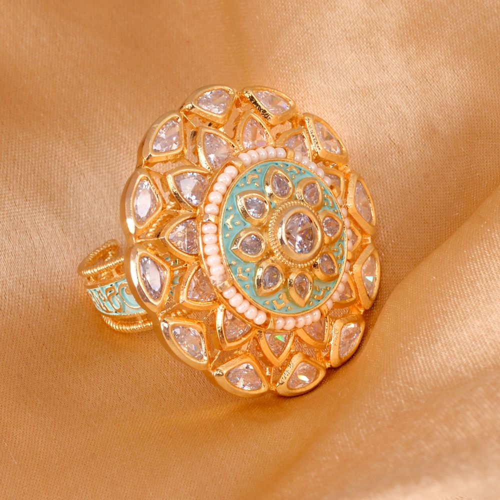 Gold plated Mint AD studded handcrafted adjustable Revolving Ring for Women & Girls