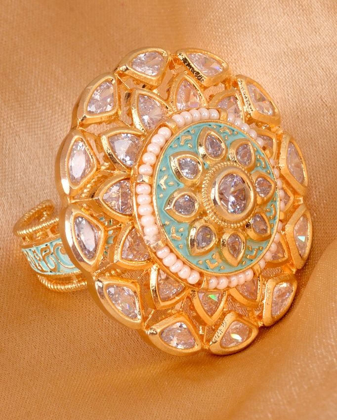 Gold plated Mint AD studded handcrafted adjustable Revolving Ring for Women & Girls