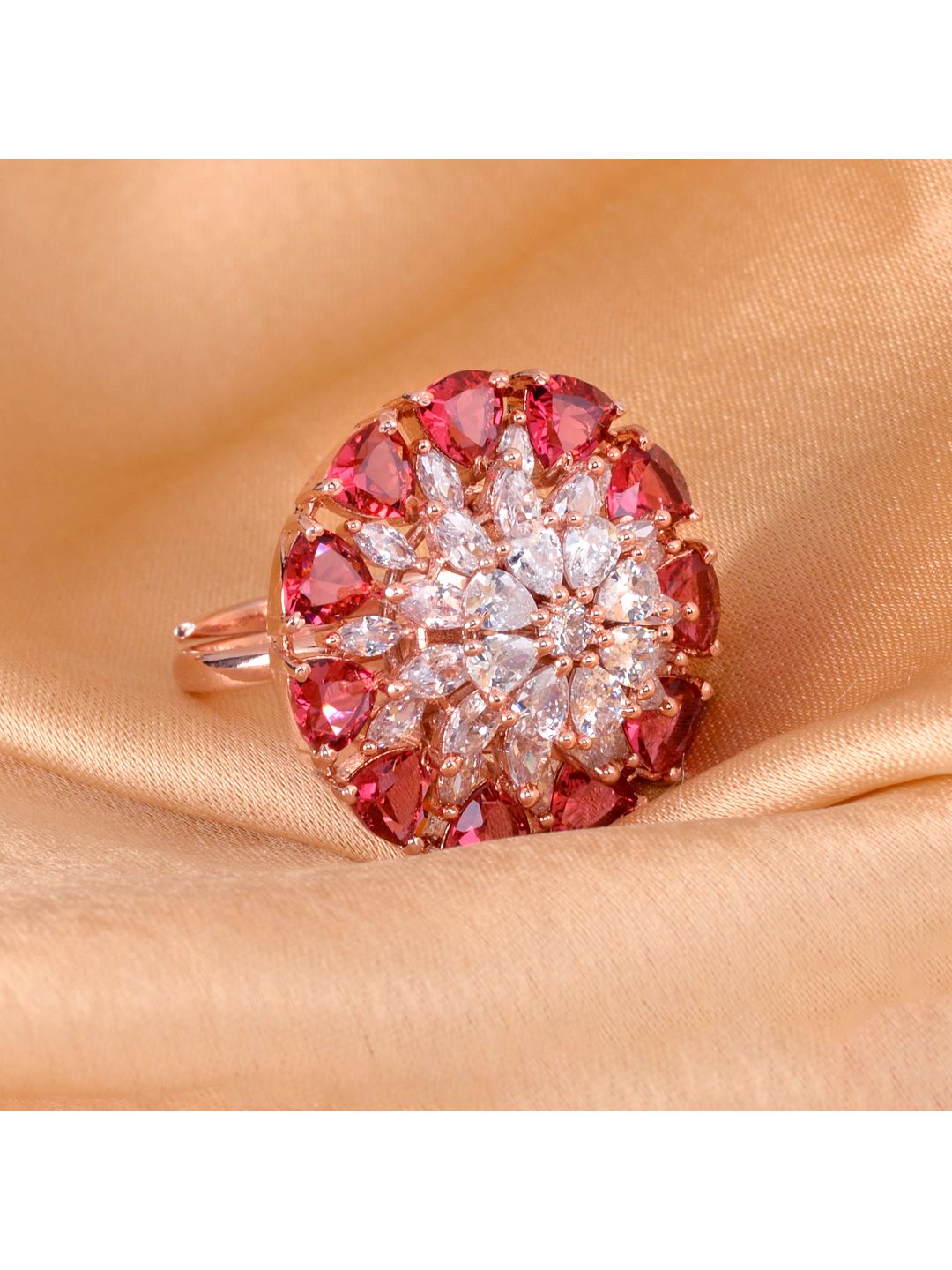 Rose Gold plated Ruby AD studded handcrafted adjustable Ring for Women & Girls