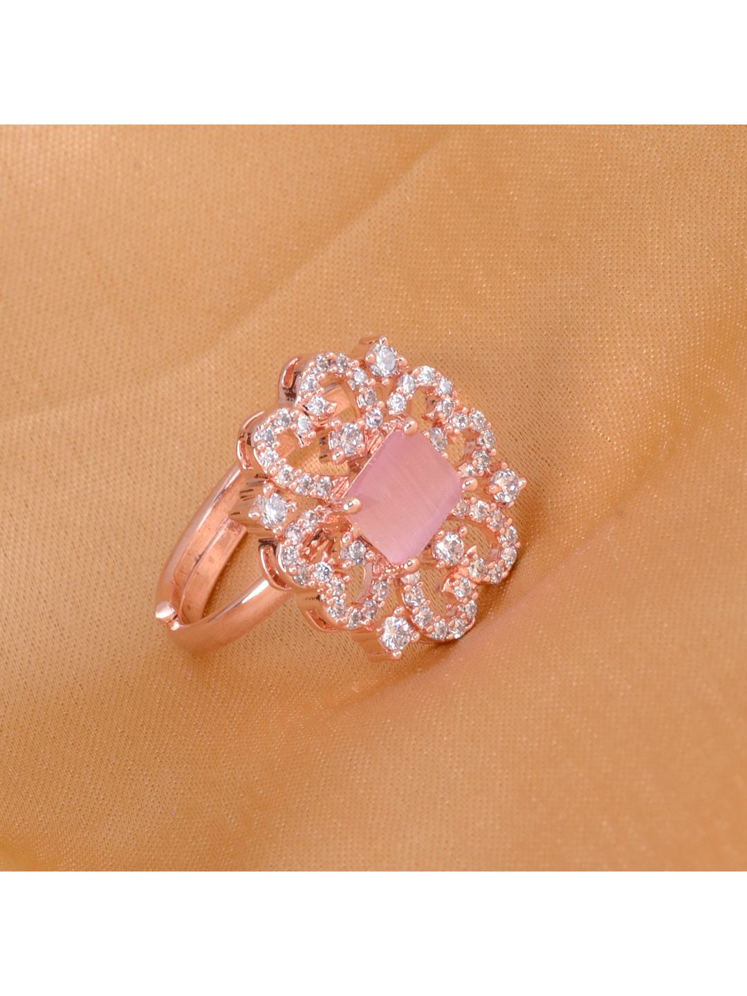 Rose Gold plated Pink AD studded handcrafted adjustable Ring for Women & Girls