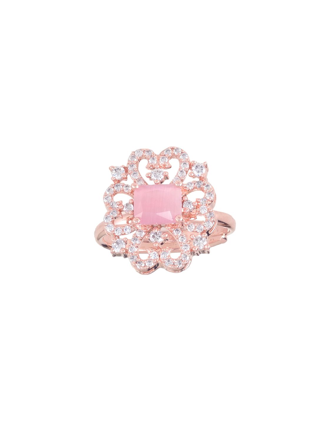 Rose Gold plated Pink AD studded handcrafted adjustable Ring for Women & Girls