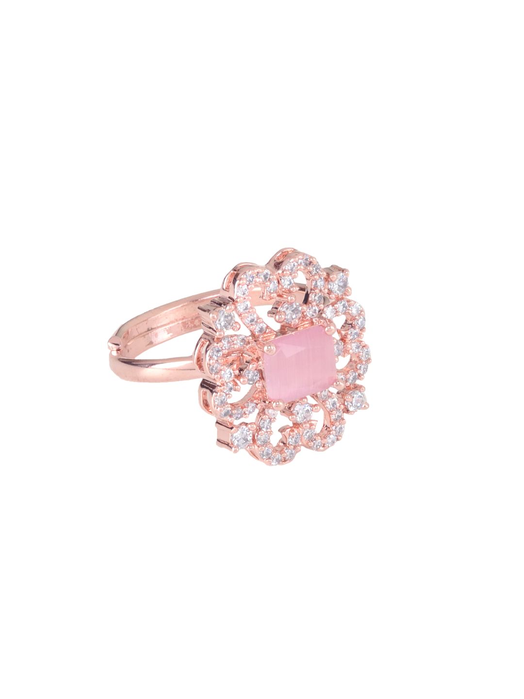 Rose Gold plated Pink AD studded handcrafted adjustable Ring for Women & Girls