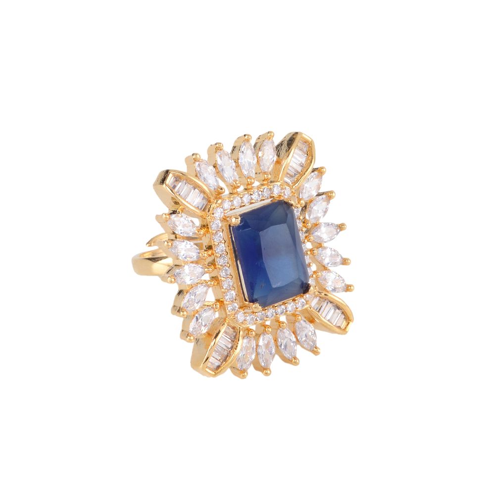 Gold plated Blue AD studded handcrafted adjustable Ring for Women & Girls
