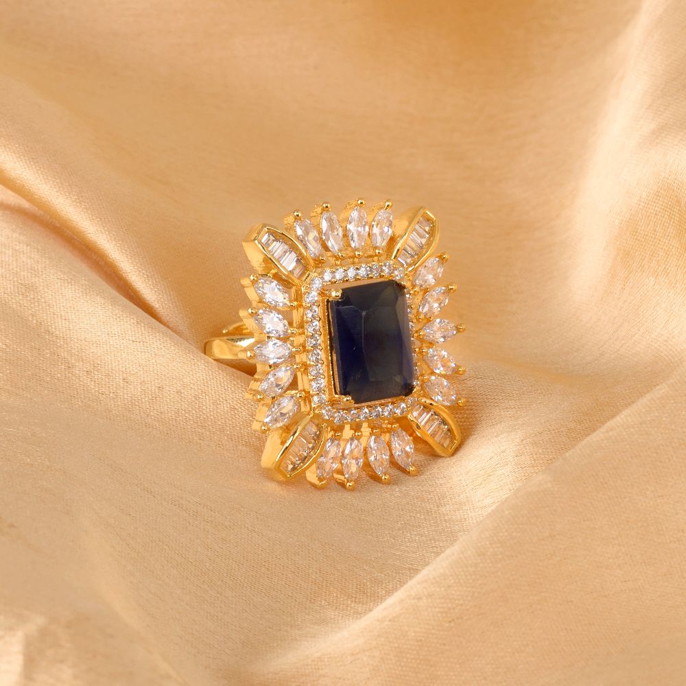 Gold plated Blue AD studded handcrafted adjustable Ring for Women & Girls