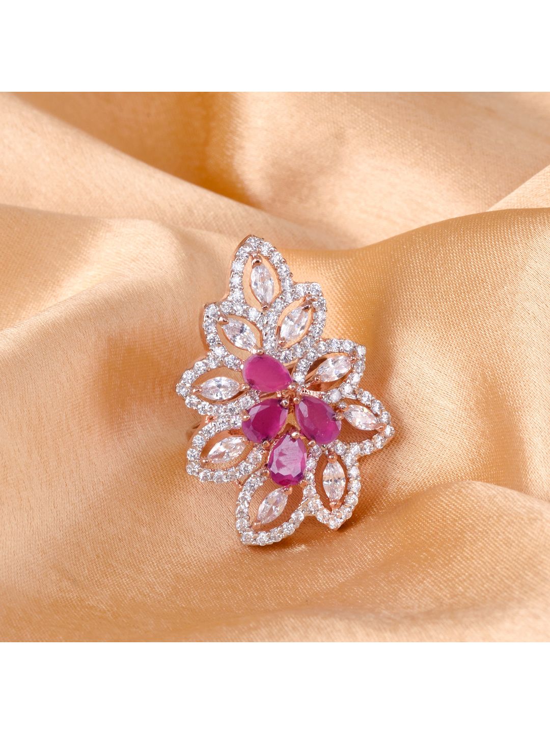 Rose Gold plated Multi AD studded handcrafted adjustable Ring for Women & Girls