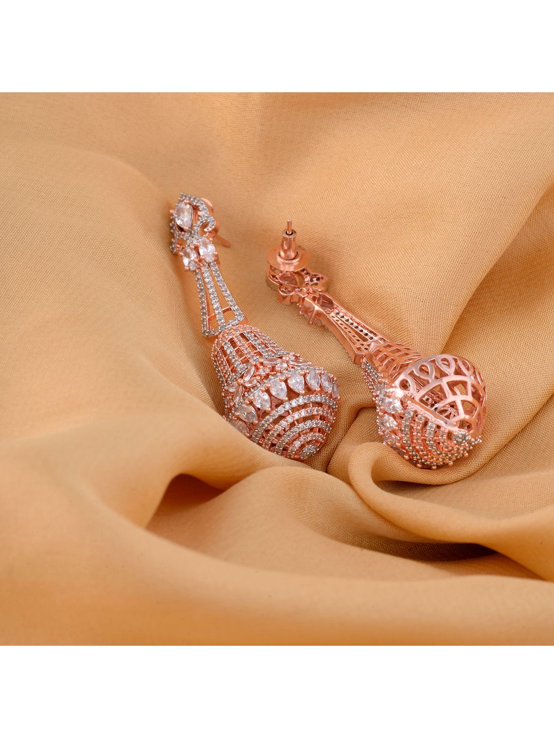 Rose Gold plated White AD studded handcrafted Bell shaped Jhumka for Women & Girls