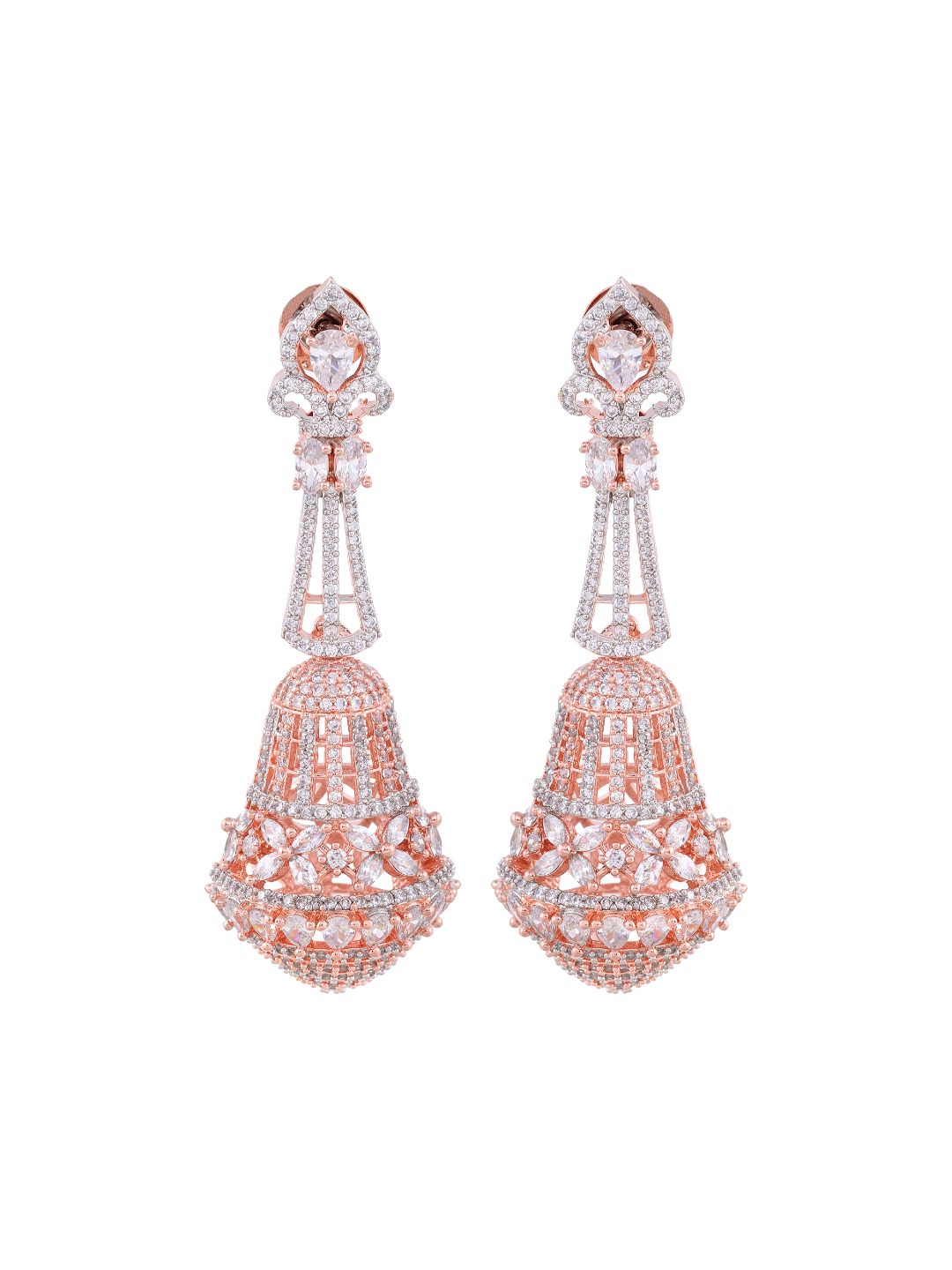 Rose Gold plated White AD studded handcrafted Bell shaped Jhumka for Women & Girls