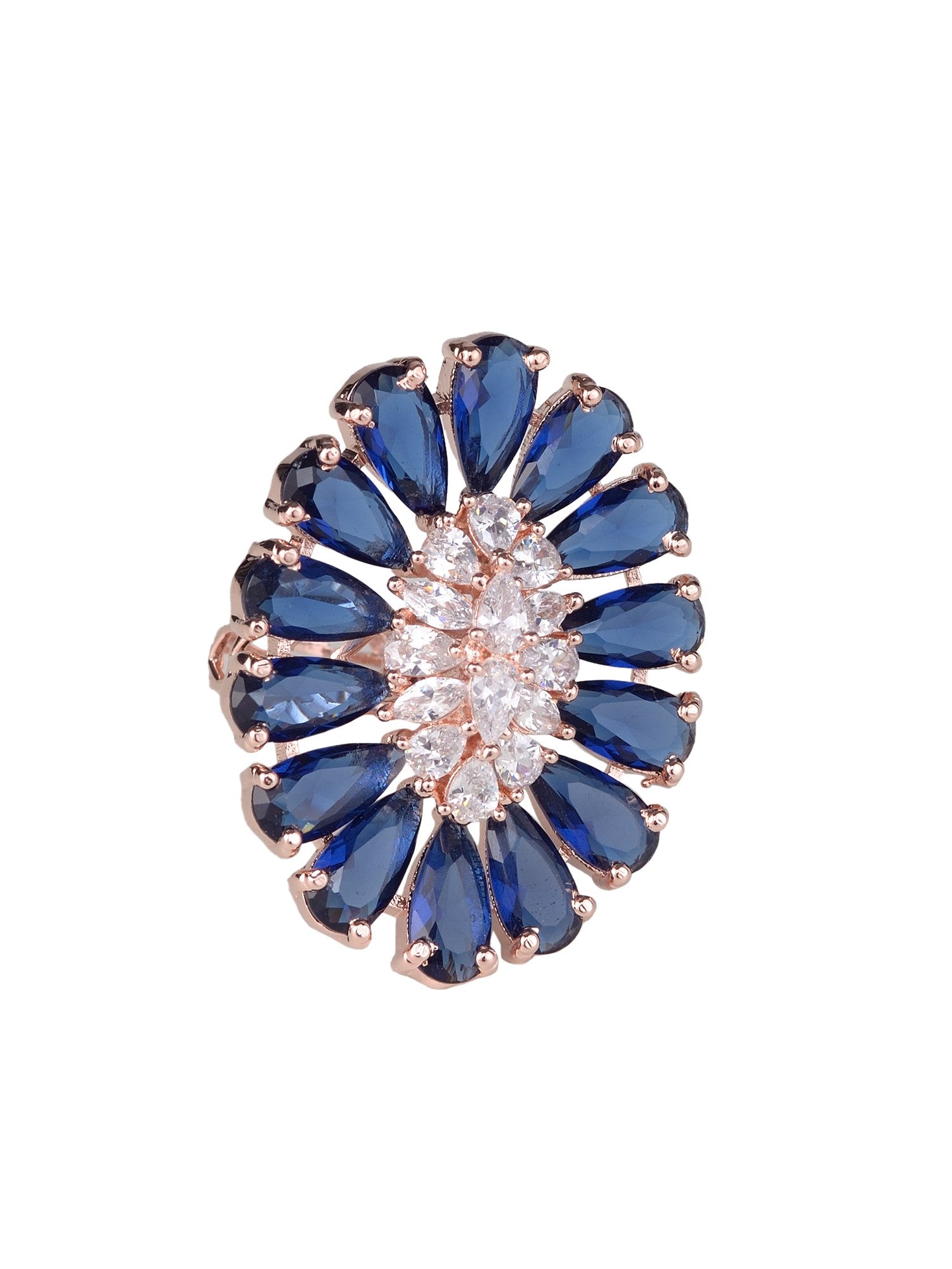 Sapphire and AD encrusted Floral Ring Blue Diamond Handcrafted Adjustable