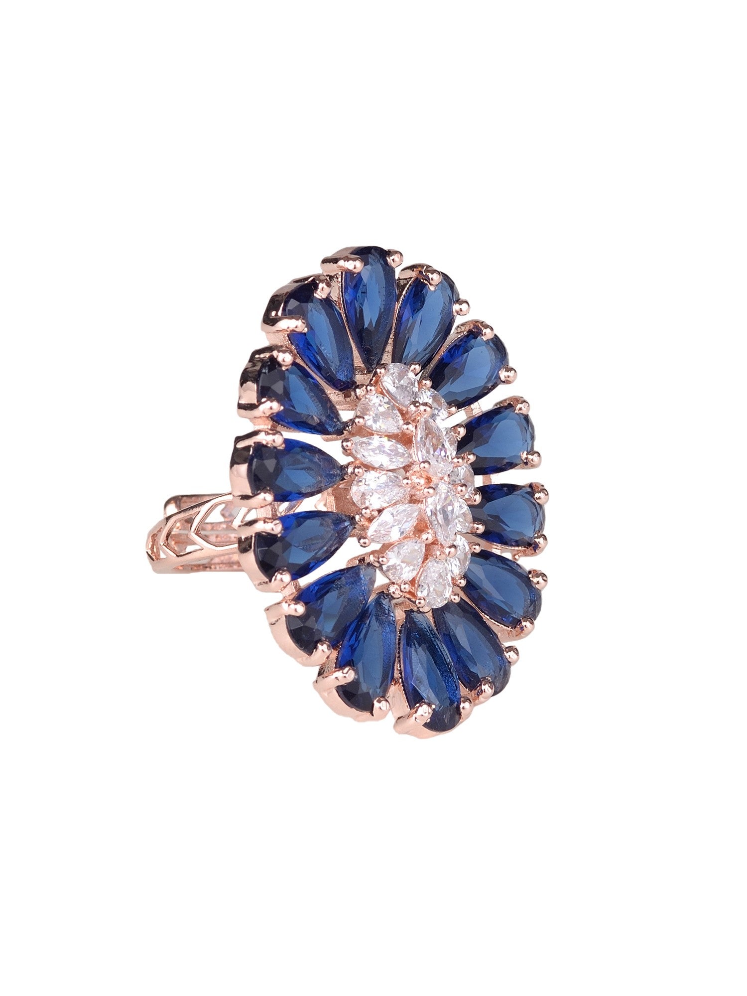 Sapphire and AD encrusted Floral Ring Blue Diamond Handcrafted Adjustable