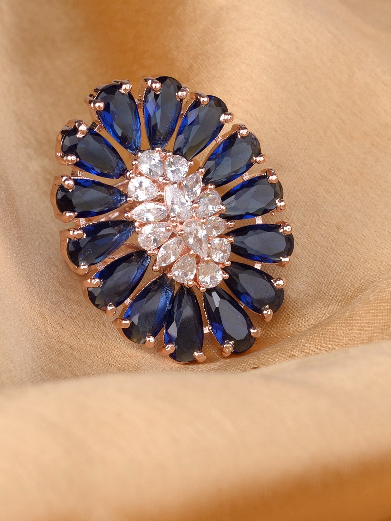 Sapphire and AD encrusted Floral Ring Blue Diamond Handcrafted Adjustable