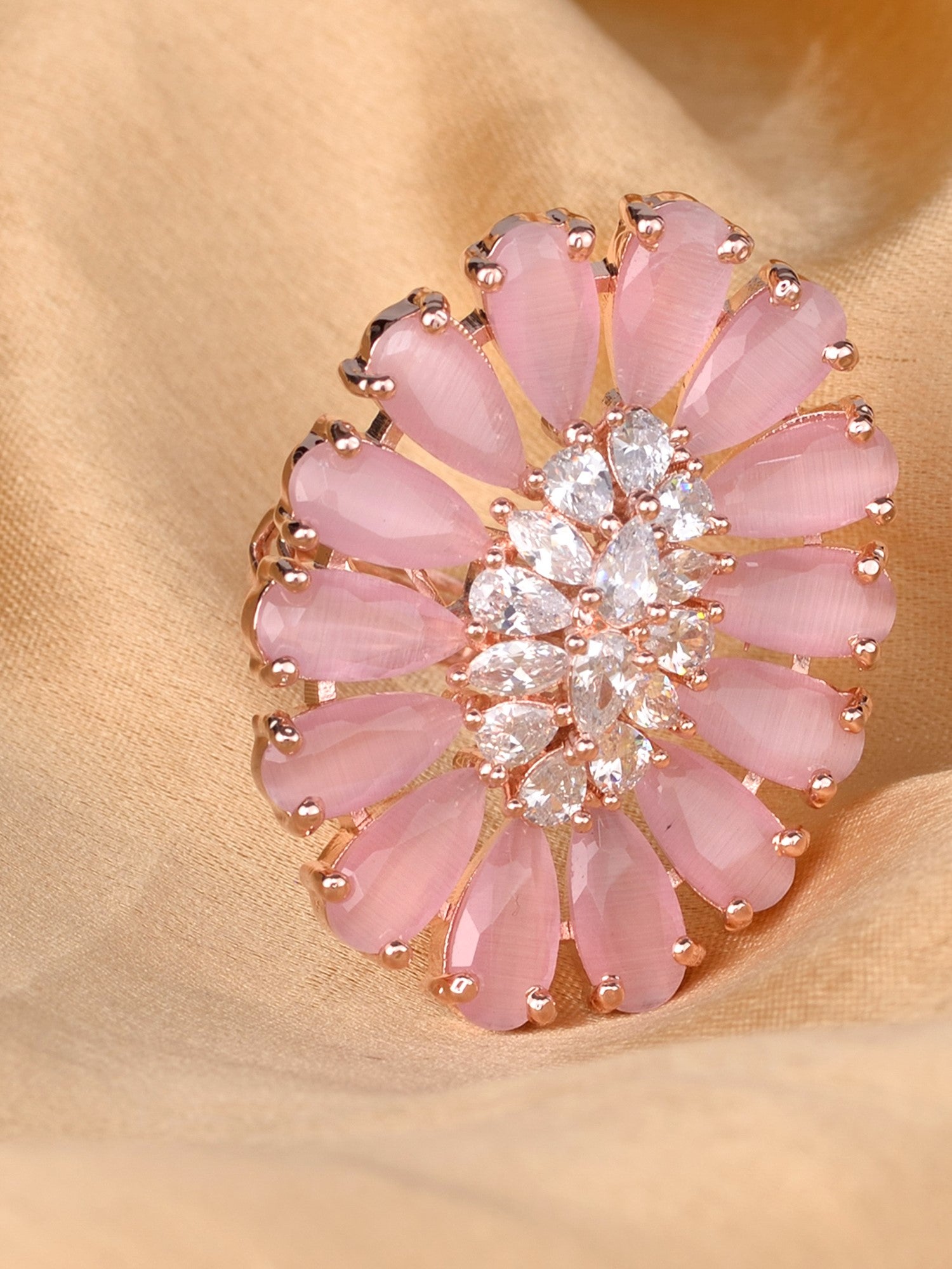 Rose Quartz and AD encrusted Floral Ring Baby Pink Pastel Diamond Handcrafted Adjustable