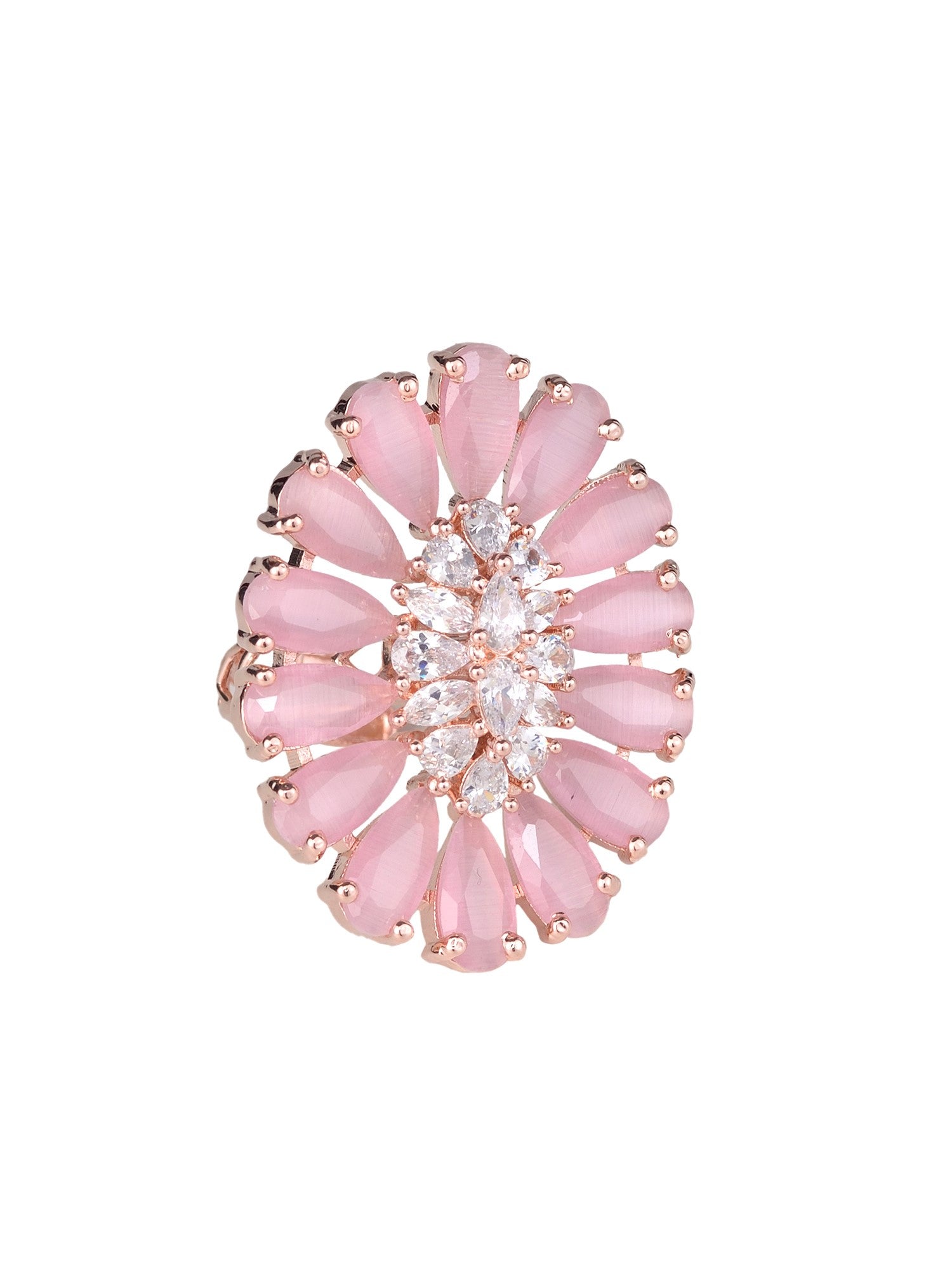 Rose Quartz and AD encrusted Floral Ring Baby Pink Pastel Diamond Handcrafted Adjustable